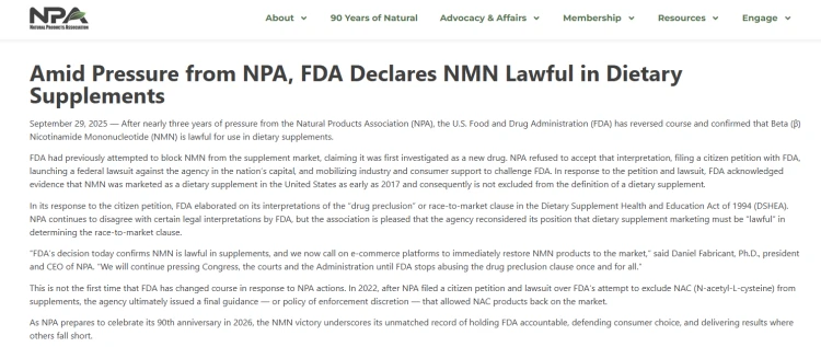 FDA Declares NMN Lawful in Dietary Supplements